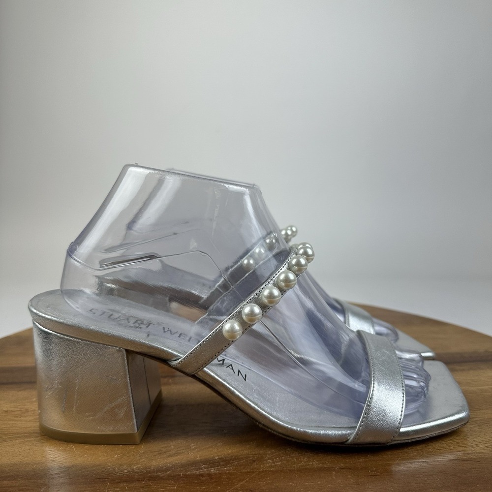 Womens Stuart Weitzman Goldie Silver Pearl Metallic Heeled Sandals Size 8.5 EUC
